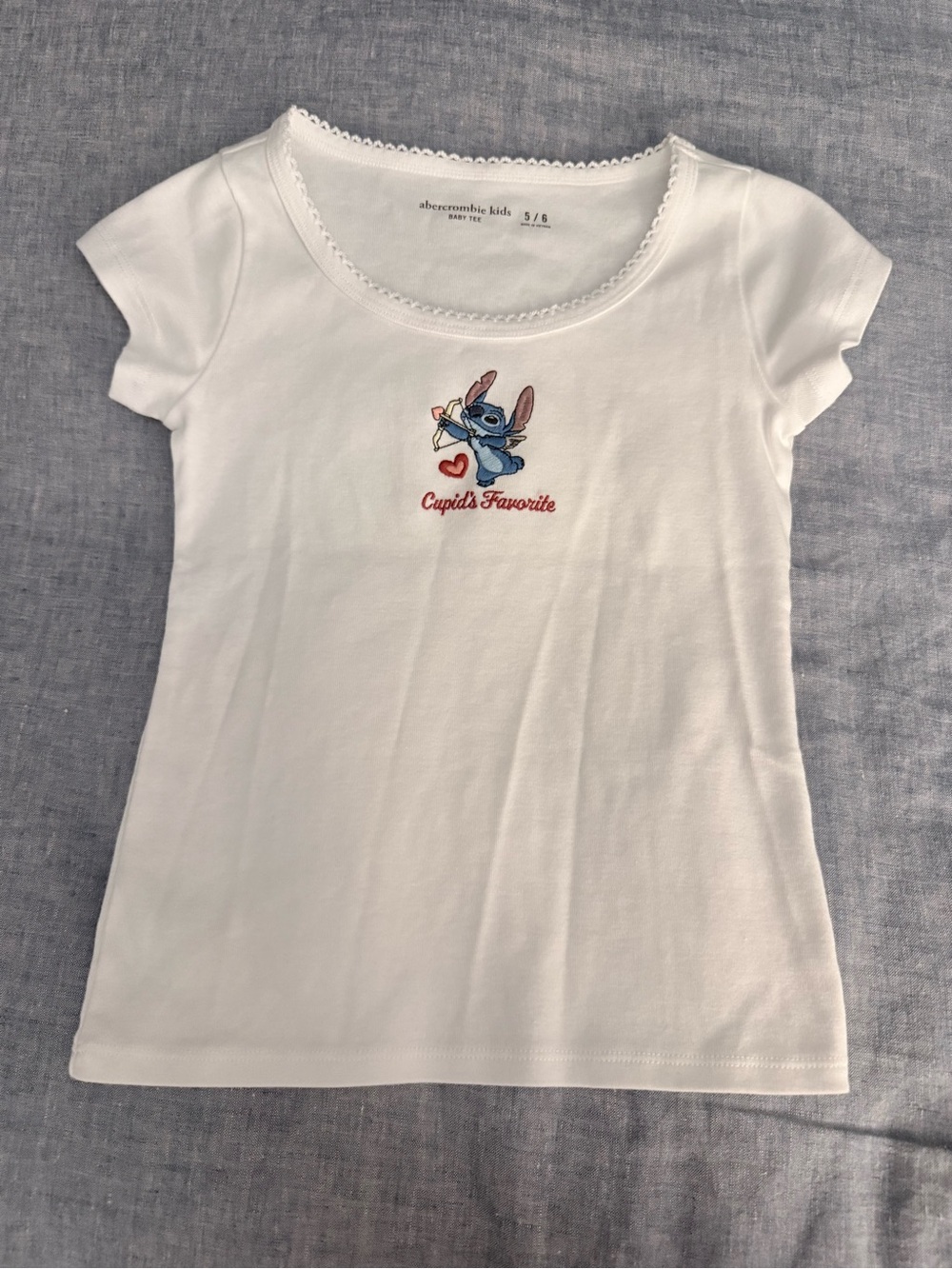 abercrombie kids White Tee with Blue Stitch Cupid Graphic